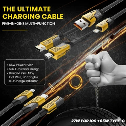 65W 5-in-1 Fast Charging Data Cable | USB-C PD & Lightning 27W Max | Universal Multi-Function Braided Flat Wire