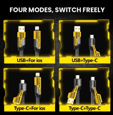 65W 5-in-1 Fast Charging Data Cable | USB-C PD & Lightning 27W Max | Universal Multi-Function Braided Flat Wire